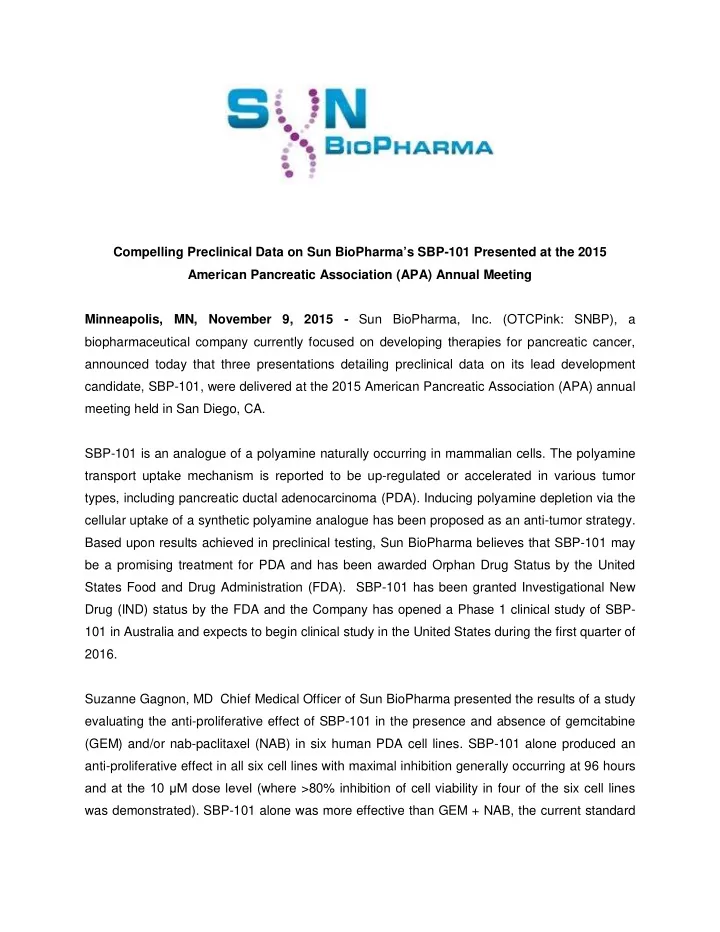compelling preclinical data on sun biopharma s sbp 101
