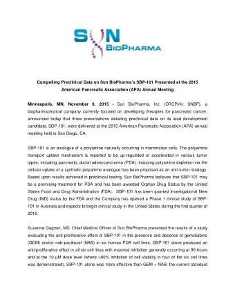 Compelling Preclinical Data on Sun BioPharmas SBP-101 Presented at the 2015  American Pancreatic