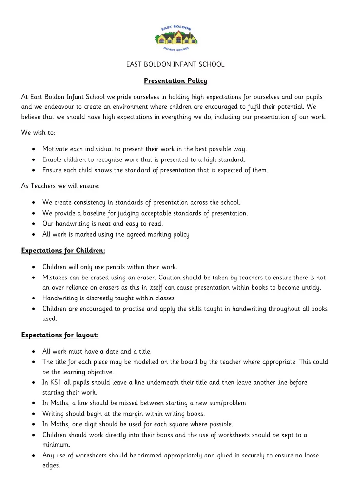 east boldon infant school presentation policy at east
