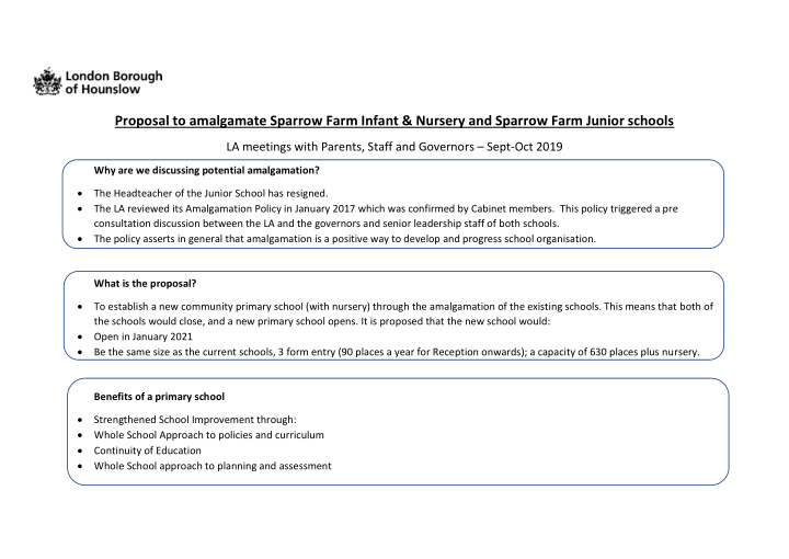 proposal to amalgamate sparrow farm infant nursery and