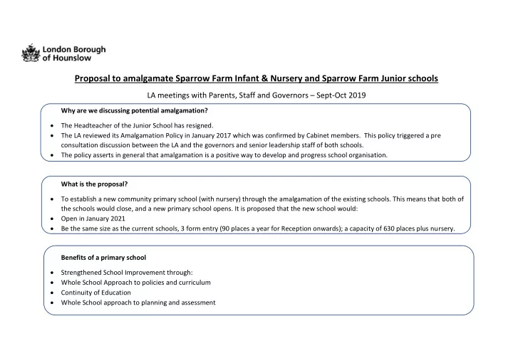 proposal to amalgamate sparrow farm infant nursery and