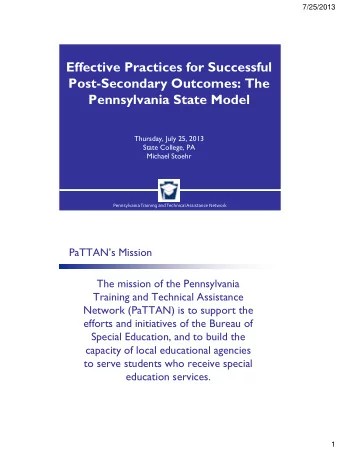 Effective Practices for Successful  Post-Secondary Outcomes: The Pennsylvania State Model