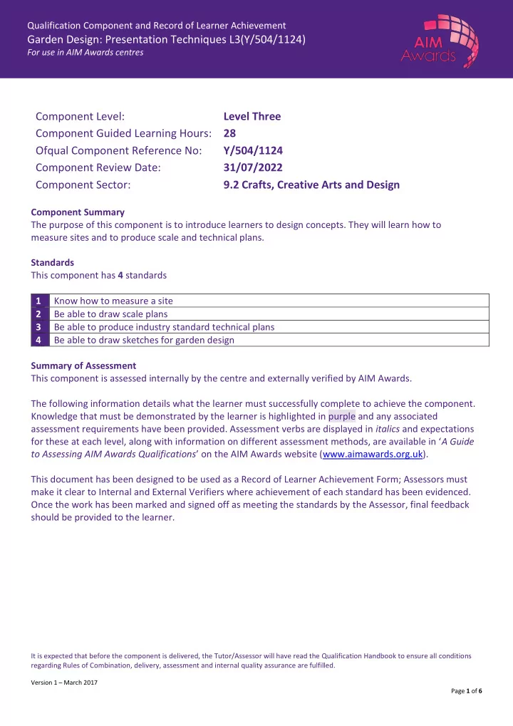 for use in aim awards centres component level level three