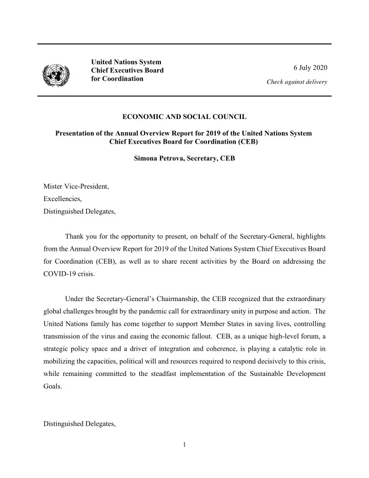 united nations system 6 july 2020 chief executives board