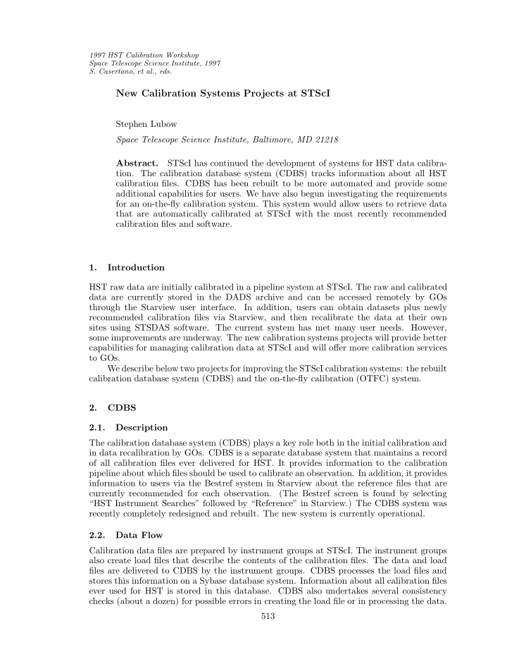 new calibration systems projects at stsci