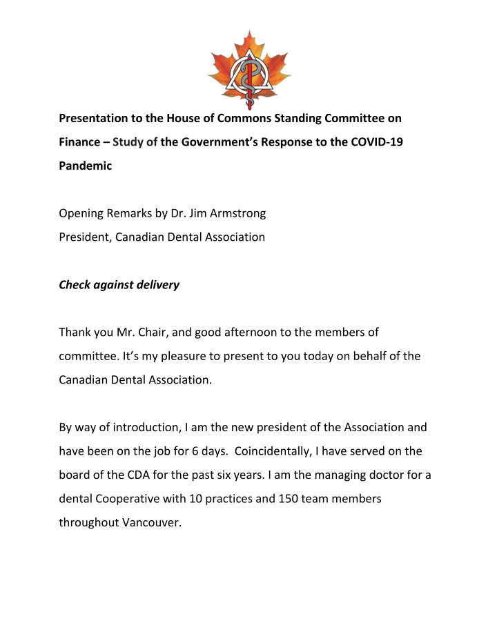 presentation to the house of commons standing committee