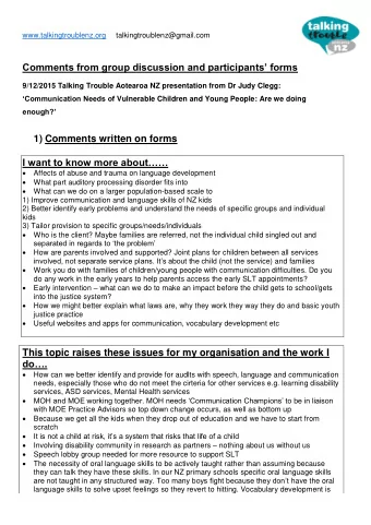 Comments from group discussion and participants forms  9/12/2015 Talking Trouble Aotearoa NZ