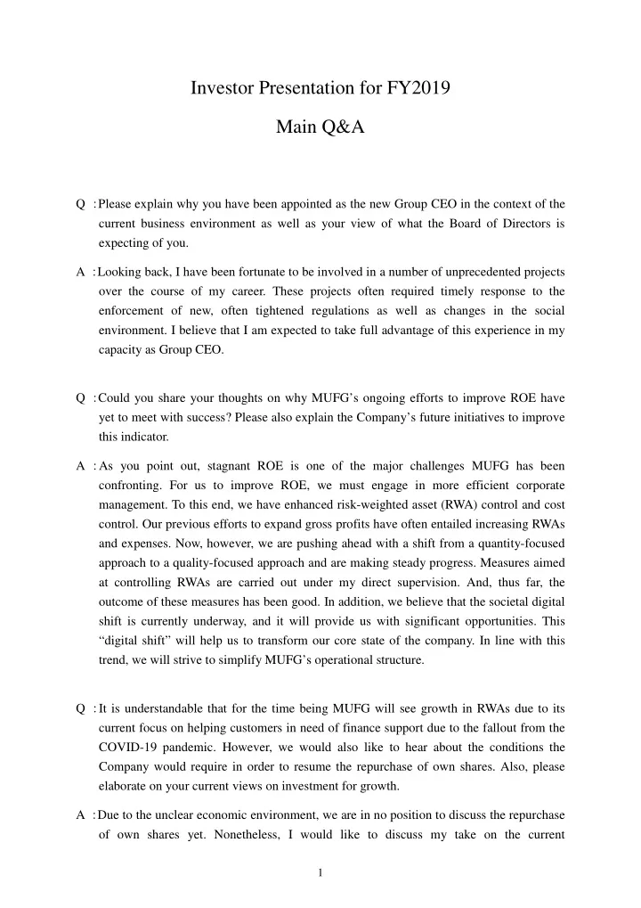 investor presentation for fy2019 main q amp a
