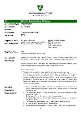 Unit  BUS1007 Organisational Behaviour Assessment Type Presentation  Assessment  A2 Part B  Number