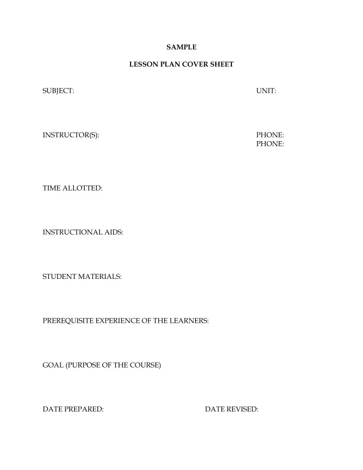 sample lesson plan cover sheet subject unit instructor s