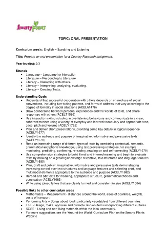 TOPIC: ORAL PRESENTATION Curriculum area/s: English  Speaking and Listening Title: Prepare an