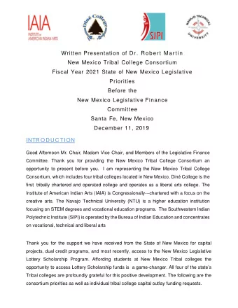 Written Presentation of Dr. Robert Martin  New Mexico Tribal College Consortium  Fiscal Year 2021