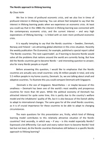 The Nordic approach to lifelong learning  By Claus Holm  We live in times of profound economic