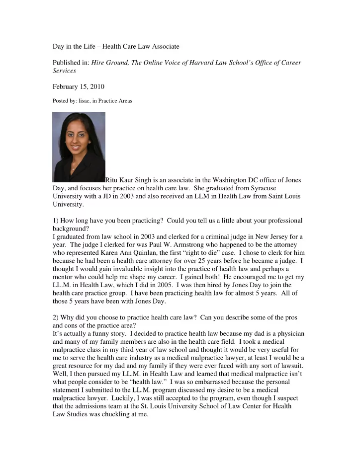day in the life health care law associate published in