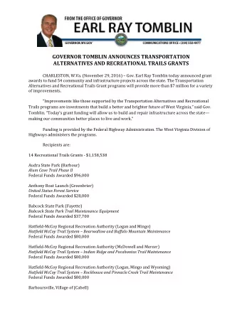 GOVERNOR TOMBLIN ANNOUNCES TRANSPORTATION  ALTERNATIVES AND RECREATIONAL TRAILS GRANTS CHARLESTON,