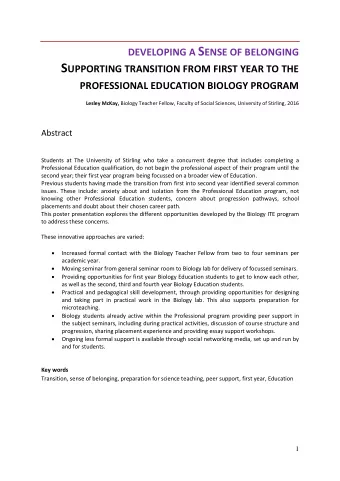 DEVELOPING A S ENSE OF BELONGING S UPPORTING TRANSITION FROM FIRST YEAR TO THE PROFESSIONAL