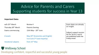 Advice for Parents and Carers  Supporting students for success in Year 13  Important Dates w/b 25