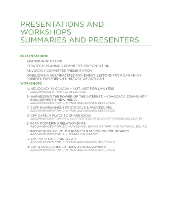 PRESENTATIONS AND  WORKSHOPS  SUMMARIES AND PRESENTERS PRESENTATIONS  BRANDING INITIATIVE