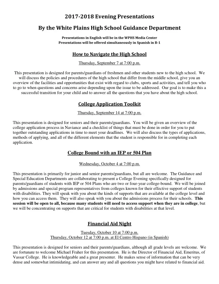 2017 2018 evening presentations by the white plains high