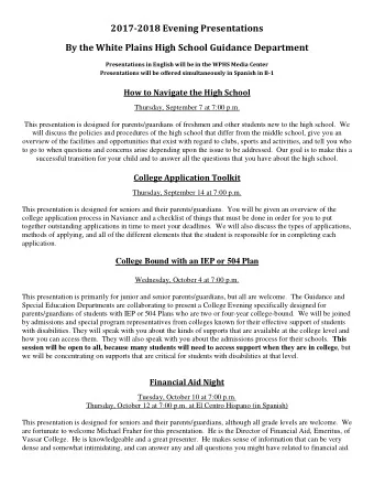 2017-2018 Evening Presentations  By the White Plains High School Guidance Department  Presentations