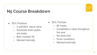 N5 Course Breakdown    50% Portfolio    50% Practical    60 marks    2 activities,