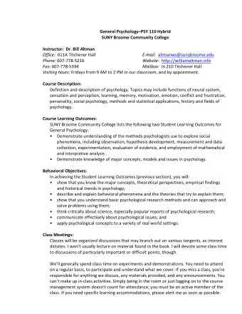 General PsychologyPSY 110 Hybrid  SUNY Broome Community College  Instructor:  Dr. Bill Altman