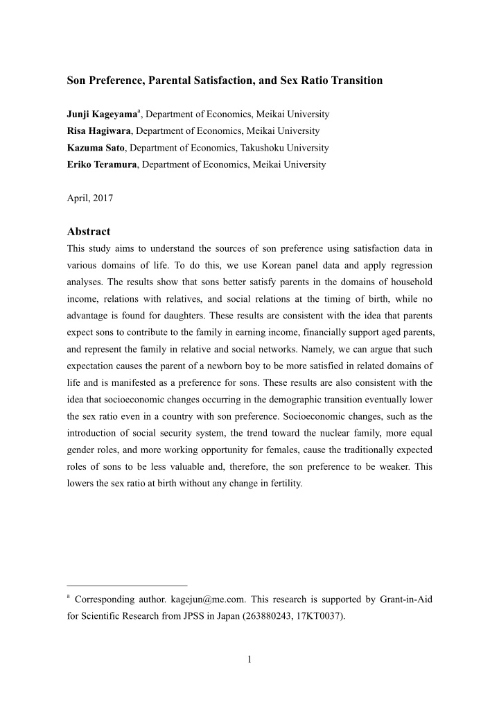 son preference parental satisfaction and sex ratio