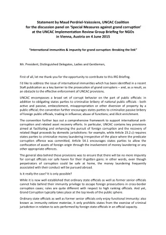 Statement by Maud Perdriel-Vaisssiere, UNCAC Coaliton  for the discussion panel on Special