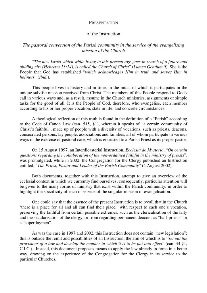 of the instruction the pastoral conversion of the parish
