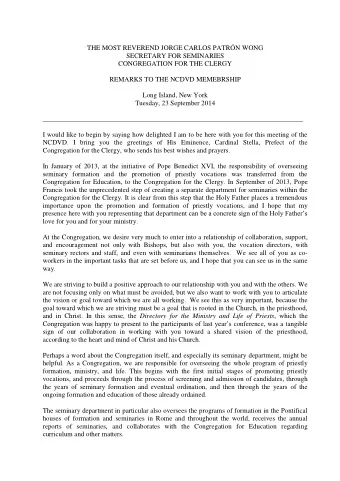 THE MOST REVEREND JORGE CARLOS PATRN WONG  SECRETARY FOR SEMINARIES  CONGREGATION FOR THE CLERGY