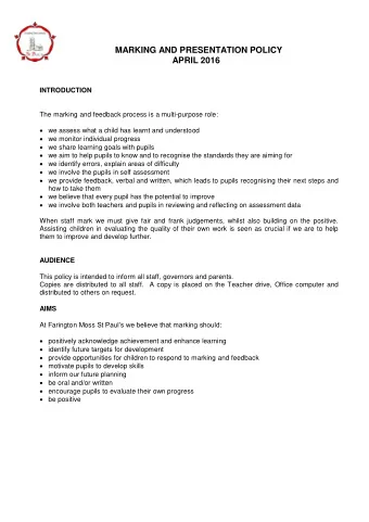 MARKING AND PRESENTATION POLICY  APRIL 2016  INTRODUCTION  The marking and feedback process is a