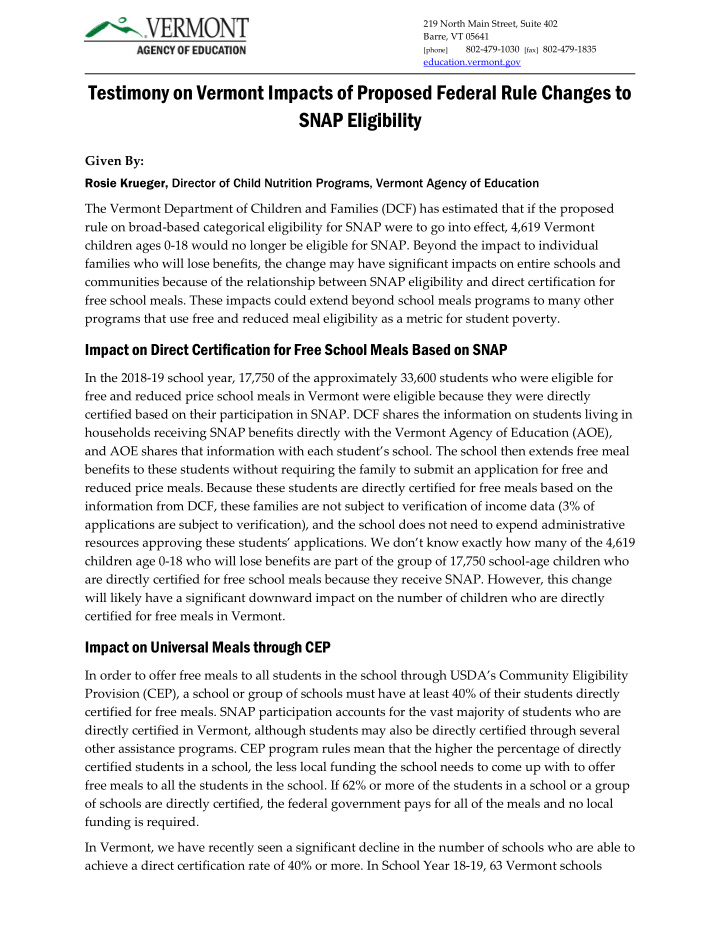 testimony on vermont impacts of proposed federal rule