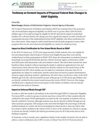 Testimony on Vermont Impacts of Proposed Federal Rule Changes to  SNAP Eligibility  Given By: Rosie