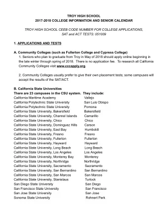 TROY  HIGH  SCHOOL  2017-2018  COLLEGE  INFORMATION  AND  SENIOR  CALENDAR  TROY  HIGH  SCHOOL