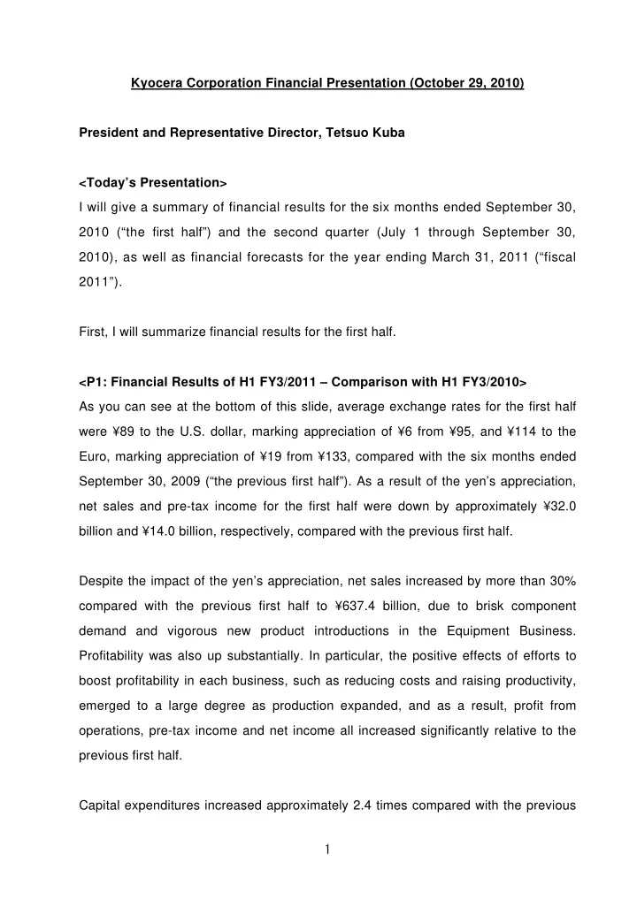 kyocera corporation financial presentation october 29