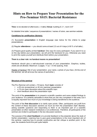 Hints on How to Prepare Your Presentation for the  Pro-/Seminar SS15: Bacterial Resistance Time: to