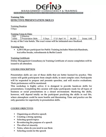 EFFECTIVE PRESENTATION SKILLS  Training Duration  5 Days  Training Venue &amp; Dates  REF