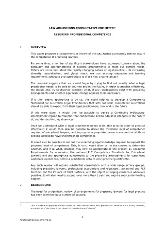 LAW ADMISSIONS CONSULTATIVE COMMITTEE 1  ASSURING PROFESSIONAL COMPETENCE 1.  OVERVIEW  This paper
