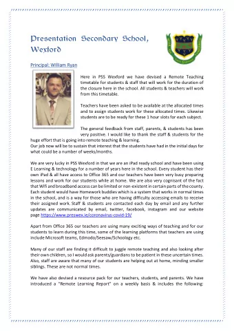 Presentation Secondary School,  Wexford  Pri  Principal  ncipal: Willi  William  am Ryan  an  Here