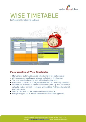 WISE TIMETABLE  Professional timetabling software  Main benefjts of Wise Timetable:  Manual and