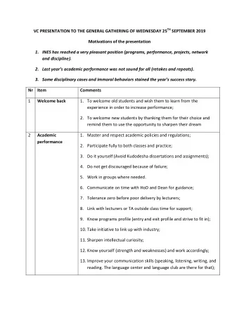 VC PRESENTATION TO THE GENERAL GATHERING OF WEDNESDAY 25 TH SEPTEMBER 2019  Motivations of the
