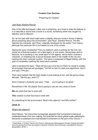 Creation Care Seminar  Preaching for Creation  Jack Ryan Shadow Recruit  One of the little