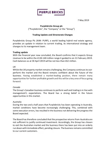 7 May 2019 Purplebricks Group plc  (Purplebricks, the Company or the Group)