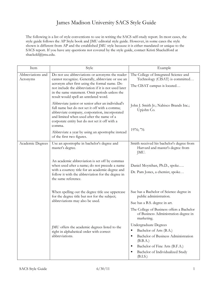 james madison university sacs style guide