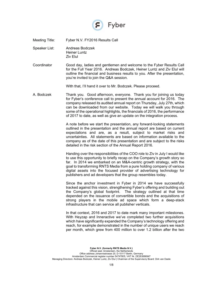 meeting title fyber n v fy2016 results call