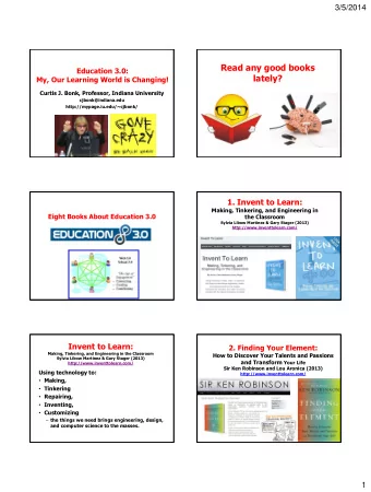 Read any good books  Education 3.0:  lately?  My, Our Learning World is Changing!  Curtis J. Bonk,