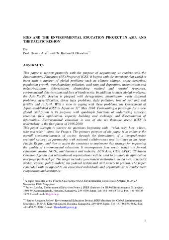 IGES AND THE ENVIRONMENTAL EDUCATION PROJECT IN ASIA AND THE PACIFIC REGION *  By Prof. Osamu Abe