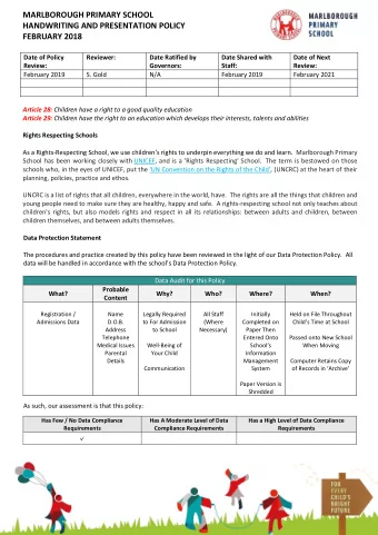 MARLBOROUGH PRIMARY SCHOOL  HANDWRITING AND PRESENTATION POLICY  FEBRUARY 2018  Date of Policy