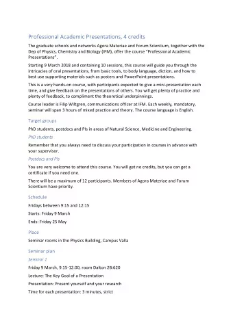 Seminar 2 Friday 16 March, 9.15  12.00, room Boltzmann E225  Lecture: Techniques for Taking and