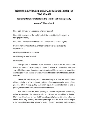 DISCOURS DOUVERTURE DU SEMINAIRE SUR LABOLITION DE LA PEINE DE MORT Parliamentary Roundtable